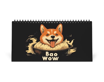 May include: A black and white illustration of a Shiba Inu dog with a happy expression, inside a steaming bowl of bao buns. The text "Bao Wow" is written below the bowl.