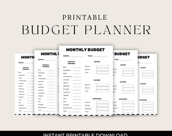 May include: Printable budget planner with black and white text. The planner includes sections for monthly expenses, income, savings, and a summary. The text "MONTHLY BUDGET" is at the top of the page.