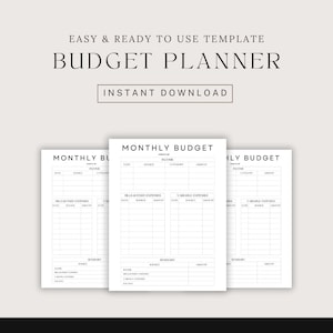 Puede incluir: Plantilla de presupuesto mensual imprimible con secciones para ingresos, facturas y gastos fijos, gastos variables y un resumen. La plantilla es en blanco y negro y tiene un diseño minimalista.