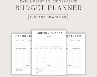 May include: Printable monthly budget planner template with sections for income, bills and fixed expenses, variable expenses, and a summary. The template is black and white and has a minimalist design.