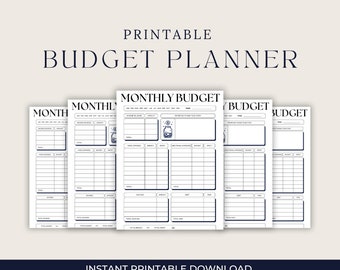 May include: Printable monthly budget planner pages with a black and white design. The pages include sections for income, expenses, and savings. The pages are designed to help you track your finances and reach your financial goals.