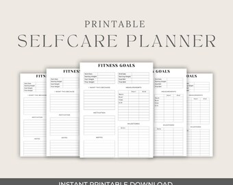 May include: Printable self-care planner with a focus on fitness goals. The planner includes sections for start and end dates, starting and goal weights, measurements, and milestones.