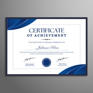 Op de afbeelding: Blauw en wit certificaat van prestatie met een blauw golfontwerp. Het certificaat wordt uitgereikt aan Juliana Silva.