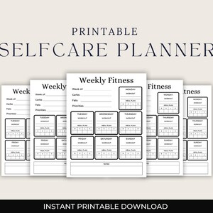 Könnte beinhalten: Druckbarer Selbstpflege-Planer mit Abschnitten für wöchentliches Fitness, Speisepläne und Notizen. Der Planer enthält eine tägliche Aufschlüsselung von Montag bis Sonntag.