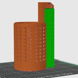 May include: A 3D-printed model with a cylindrical structure with a repeating pattern of cutouts, a rectangular structure, and a tall green rectangular structure. The model is rendered in shades of brown and green, with a grid base.