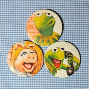 The Muppets Set of 3 Pinback Buttons, Kermit the Frog, Miss Piggy, 2.25&quot; (58 mm) Pins, Jim Henson, Handmade Buttons