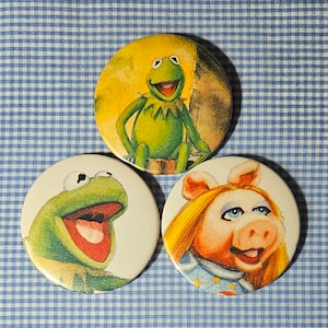 The Muppets Set of 3 Pinback Buttons, Kermit the Frog, Miss Piggy, 2.25&quot; (58 mm) Pins, Jim Henson, Handmade Buttons