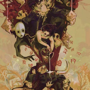 Puede incluir: Ilustración artística con un tema oscuro y surrealista. La imagen presenta varias figuras, algunas con máscaras, otras con expresiones angustiadas. La paleta de colores está dominada por tonos tierra, con acentos de rojo y blanco, creando una atmósfera dramática e inquietante.