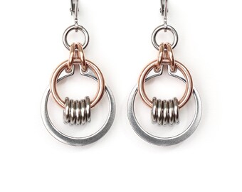 Mixed metal earrings, bronze mixed metal jewelry, stainless steel jewelry, stainless jewelry, bronze industrial earrings, industrial jewelry