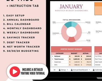 May include: A digital financial planner displayed on a laptop screen. The interface includes a monthly budget dashboard, pie charts, and a monthly budget summary table. Text on the screen includes "20 Tabs", "Easy Setup", and "YouTube Video Tutorial".