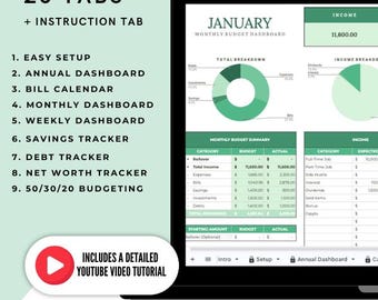 May include: A laptop screen displays a monthly budget dashboard with charts and tables. The screen shows the text "20 TABS + INSTRUCTION TAB" and "INCLUDES A DETAILED YOUTUBE VIDEO TUTORIAL". The YouTube channel is @IAMSAEEMKHAN.