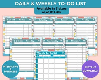 Daily & Weekly To-Do List Planner: Printable Fillable PDF (A4/A5/Letter Sizes)