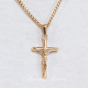 Collar con crucifijo de oro de 18 quilates, collar resistente al agua para hombre, collar de cadena cubana para hombre, collar de acero inoxidable, regalo para hombre, regalo para él