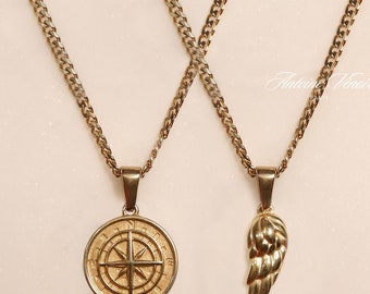18k Gold Compass Necklace, Angel Wing Necklace, Waterproof Necklace for Man,  Chain Necklace For Man, Stainless Steel Necklace, Gift For Him