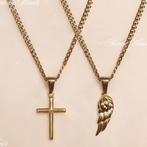18k Gold Cross Necklace, Gold Angel Wing Necklace, Waterproof Necklace for Man, Stainless Steel Necklace, Gift For Man, Gift For Him