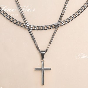 Silver Cross Necklace, Waterproof Necklace for Man, Cuban Chain Necklace For Man, Stainless Steel Necklace, Gift For Man, Gift For Him