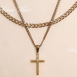 18k Gold Cross Necklace, Waterproof Necklace for Man, Cuban Chain Necklace For Man, Stainless Steel Necklace, Gift For Man, Gift For Him
