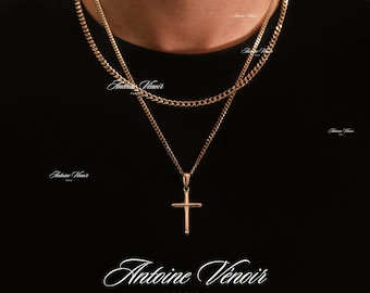 18k Gold Cross Necklace, Waterproof Necklace for Man, Cuban Chain Necklace For Man, Stainless Steel Necklace, Gift For Man, Gift For Him