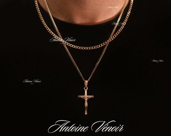 18k Gold Crucifix Necklace, Waterproof Necklace for Man, Cuban Chain Necklace For Man, Stainless Steel Necklace, Gift For Man, Gift For Him
