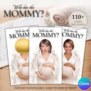 以下が含まれることがあります： Who has the MOMMY?と書かれた3枚の長方形のゲームカード。白いシャツを着た妊婦が描かれている。1枚は顔が金色の円で隠され、他は異なる顔が描かれている。110+ CARDS INCLUDED!とCanvaの文字が含まれる。