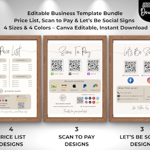 Puede incluir: Un paquete de plantillas comerciales enmarcadas con diseños de lista de precios, escanear para pagar y redes sociales. Las plantillas son editables en Canva y están disponibles en 4 tamaños y 4 colores. La imagen incluye códigos QR e iconos de redes sociales.