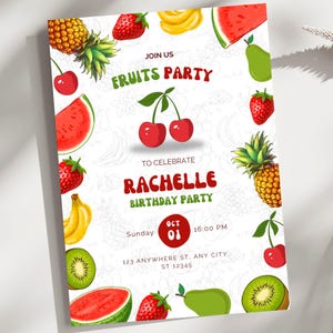 Invitación de cumpleaños de frutas, plantilla de Canva imprimible, invitación editable para fiesta infantil, temática de frutas de verano, descarga instantánea, tarjeta de cumpleaños unisex.