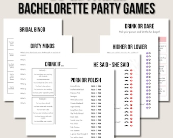 Op de afbeelding: Een set printbare bachelorette-partyspellen met titels zoals "Bridal Bingo", "Dirty Minds", "Drink If...", "Porn or Polish", "He Said - She Said", "Drink or Dare" en "Higher or Lower".
