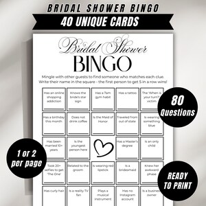 Juegos de bingo para despedida de soltera, 40 tarjetas únicas para encontrar a los invitados, divertido bingo para despedidas de soltera, rompehielos para bares, juego de mesa minimalista para bodas