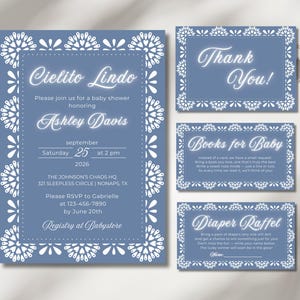 Cielito Lindo Baby Shower Invitation Set, Editable Blue Mexican Papel Picado Template, Talavera Fiesta Theme, Baby Sprinkle Brunch Bundle