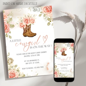 Editable Cowgirl Baby Shower Invitation Bundle, Country Girl Invite, Baby Girl Floral Western Invitation, Pink Cowboy Invite, Rodeo Baby.