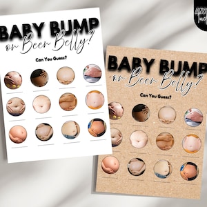 May include: Two printable game cards with the text "Baby Bump or Beer Belly? Can You Guess?" and 24 images of bellies. The cards are on a brown surface.