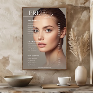 May include: A framed price list for a beauty salon, featuring a woman's portrait. The list includes hair, colour, and nail services. The text on the sign includes prices for haircuts, highlights, and manicures. The website address is visible at the bottom.