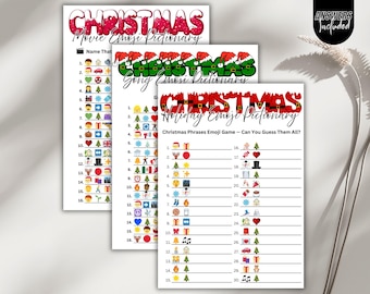 May include: Three Christmas-themed game sheets. The top sheet says "Christmas Movie Emoji Pictionary." The middle sheet says "Christmas Song Emoji Dictionary." The bottom sheet says "Christmas Holiday Emoji Pictionary."