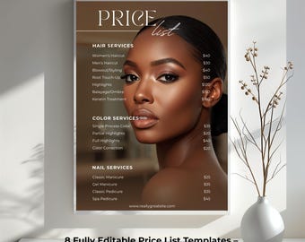 May include: A framed price list template featuring a woman with dark hair and makeup. The price list includes hair, color, and nail services. The text at the bottom reads "8 Fully Editable Price List Templates - 4 Sizes Included."