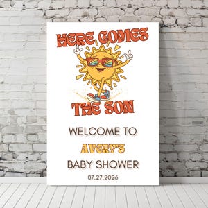 Here Comes the Son Baby Shower Sign – Editable Welcome Sign Canva Template, Sunshine Baby Shower Poster, Retro Digital Download, BBB20