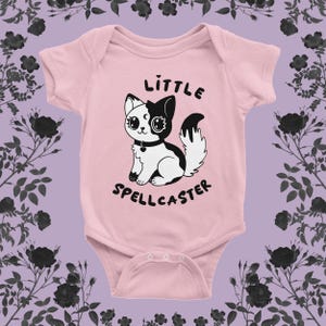 Little Spellcaster bodysuit, Kitty moon pattern, Gothic baby outfit with cat, Fantasy cat baby outfit, Witchy cat, Baby shower 11