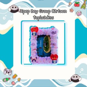 May include: A rectangular plastic toploader decorated with a ruffled light purple border, featuring a red heart-shaped character, a purple bow, and small floral accents. The text Kpop Boy Group Cartoon toploaders is displayed above the item.