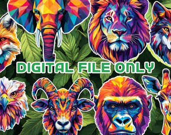 Geometric animal face sticker, Face animal Sticker, Stickers animal | Set of 24 Image DPI PNG | HQ Printable | Free Commercial Use |