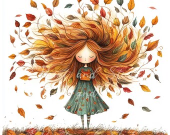 Autumn Leaf Princess, Watercolor Clipart, Autumn girl leaf, Craft Arts, Whimsical Printable, 10 Image High Quality 300 DPI Jpeg Digital file