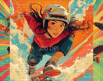 Skateboard, Skate girl with dynamic background color | 5 Image 300 DPI | Printable Art | Digital Download | Commercial use for print