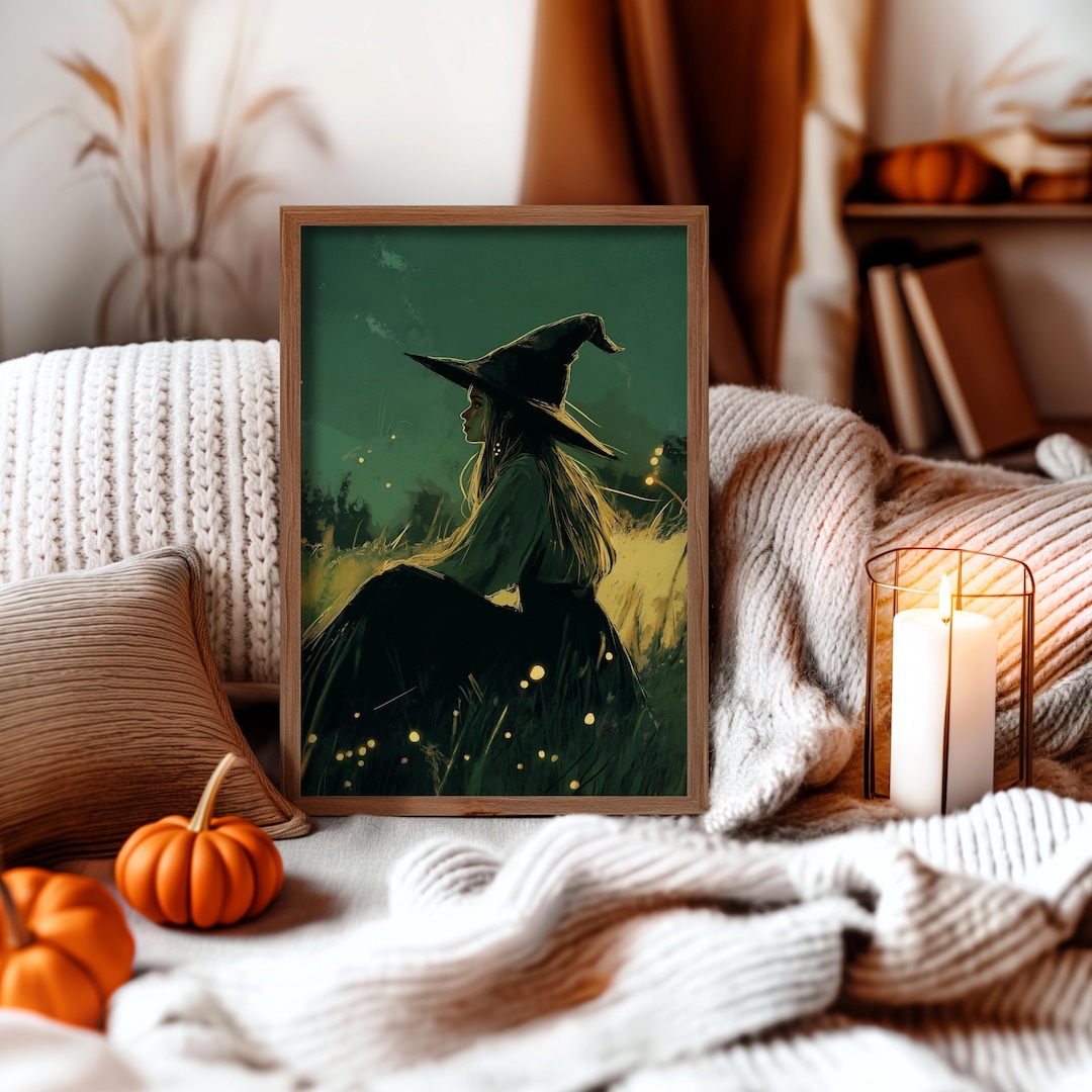 Green Witch Art Print, Halloween Wall Decor, Mystical Witchy Aesthetic ...