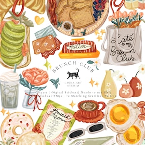 Könnte beinhalten: Eine digitale Illustration mit Brunch-Themen. Enthält ein Holzbrett mit Essen, eine Tragetasche mit Text, eine Speisekarte, Kaffee, Donuts, Eier und andere Lebensmittel. Der Text "Brunch Club" und "Dinda Art Studio" sind ebenfalls sichtbar.