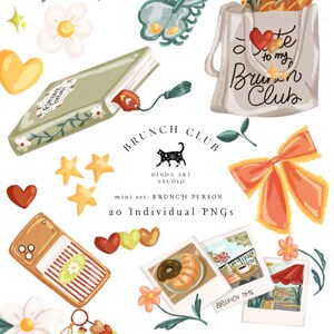 Pode incluir: Um conjunto de ilustrações digitais com uma sacola com o texto 'date to my Brunch Club', um livro verde, um grande laço laranja, um smartphone, óculos de sol, fotos polaroid, flores, corações, estrelas e uma borboleta, totalizando 20 PNGs.