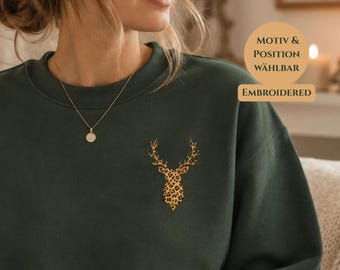 Custom Embroidered Christmas Sweatshirt, Personalisierter Weihnachtspullover Damen, bestickt mit Name, Leopard Hirsch, Schneeflocke, Rentier