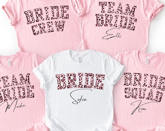 Personalized hen party shirts with names, team bride shirt set, leopard print bride shirt, hen party outfit, bride & crew leopard print shirts