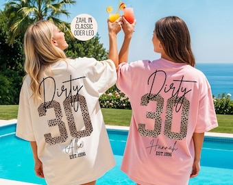 Personalized 30th birthday shirt, Dirty 30 shirt for women, with name and year of birth, leopard print or classic design, birthday gift for women (leopard print)