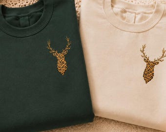 Embroidered Christmas sweater for women, embroidered deer sweatshirt, reindeer leopard print sweater, leopard print Christmas sweater, cozy winter sweater