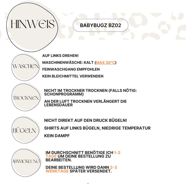 May include: A white background with the text "HINWEIS" in a circle, and "BABYBUGZ BZ02" in a rectangle. Instructions for washing, drying, and ironing are also included. The washing instructions specify a maximum temperature of 30&deg;C.