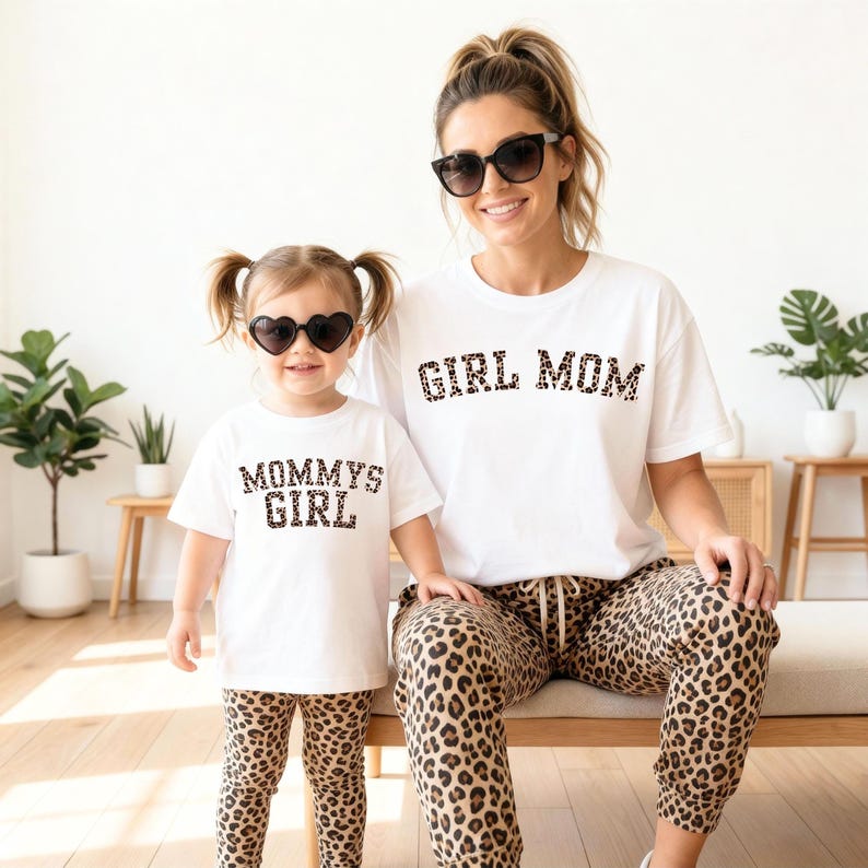 May include: A mother and child wearing matching outfits. The mother wears a white t-shirt with "GIRL MOM" in leopard print, and leopard print pants. The child wears a white t-shirt with "MOMMY'S GIRL" in leopard print, and leopard print leggings.
