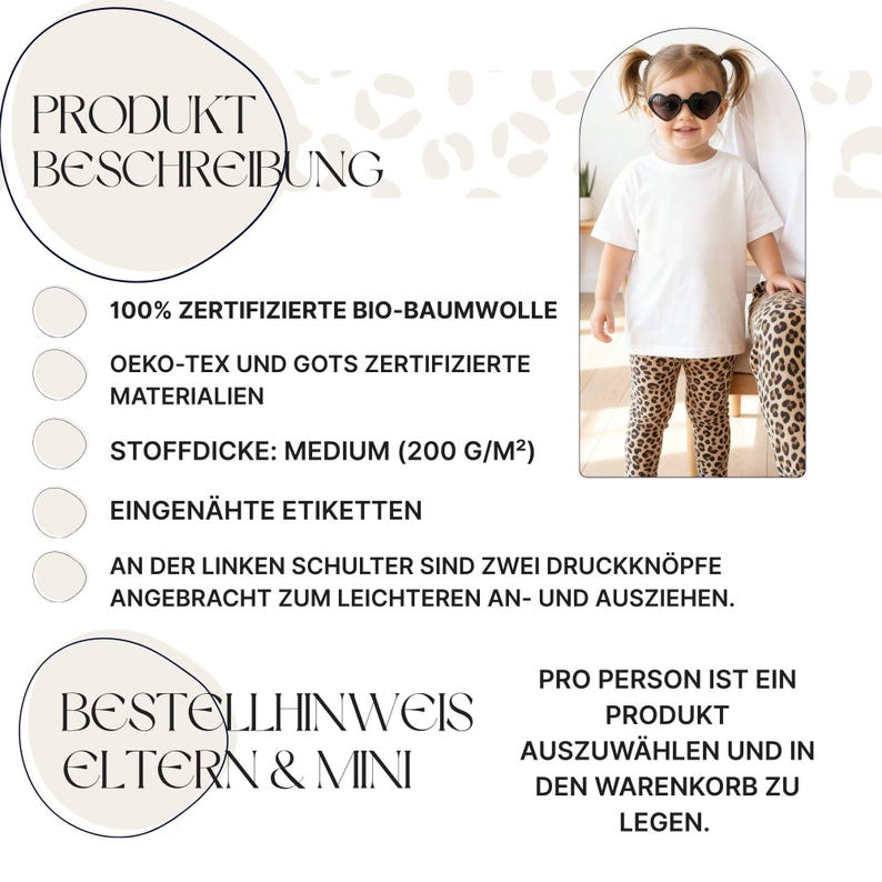 May include: A young child wearing a white t-shirt, heart-shaped sunglasses, and leopard print leggings. The image includes text describing the product's features, such as 100% certified organic cotton and medium fabric thickness (200 g/m&sup2;).